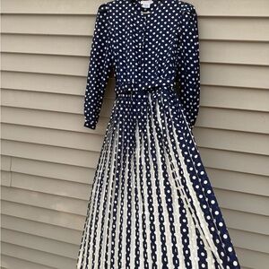 Brooks Brothers Navy and White Polka Dot Long Sleeve Dress